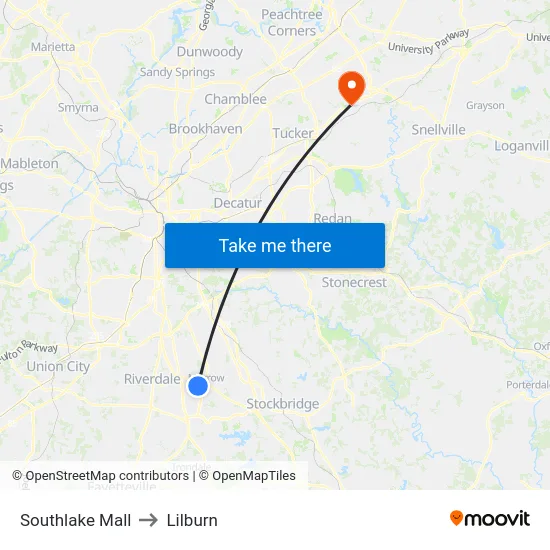 Southlake Mall to Lilburn map