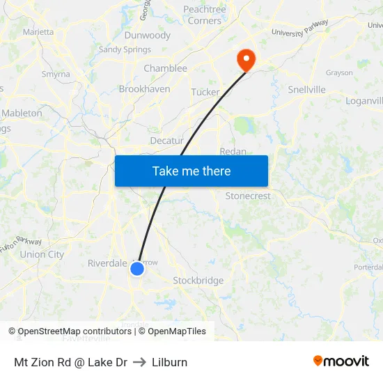 Mt Zion Rd @ Lake Dr to Lilburn map