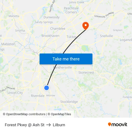Forest Pkwy @ Ash St to Lilburn map