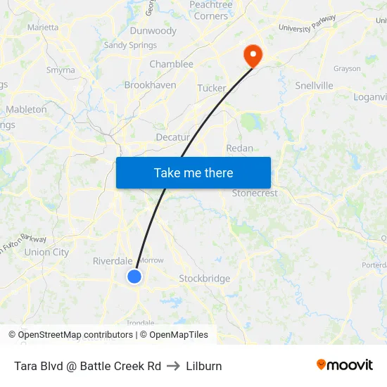 Tara Blvd @ Battle Creek Rd to Lilburn map