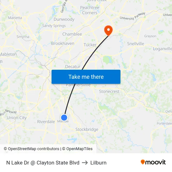 N Lake Dr @ Clayton State Blvd to Lilburn map
