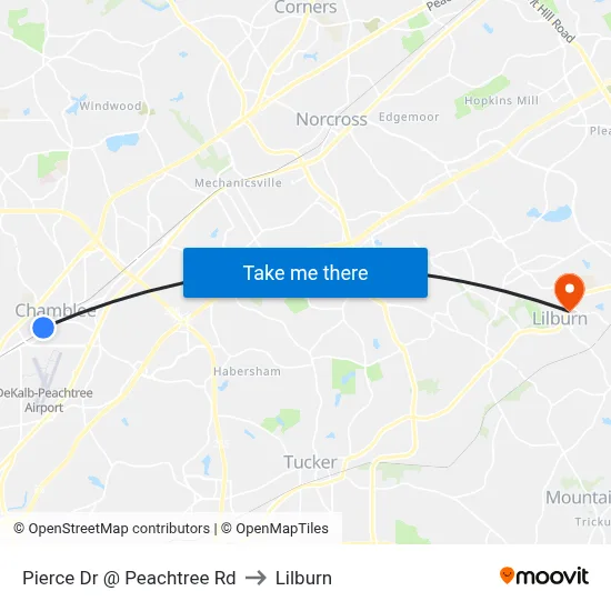 Pierce Dr @ Peachtree Rd to Lilburn map