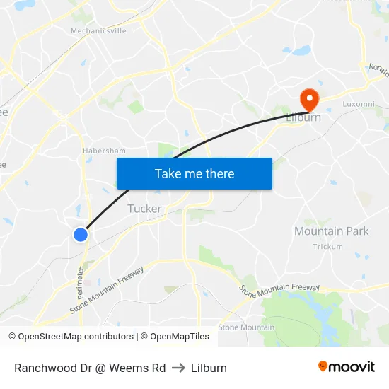 Ranchwood Dr @ Weems Rd to Lilburn map