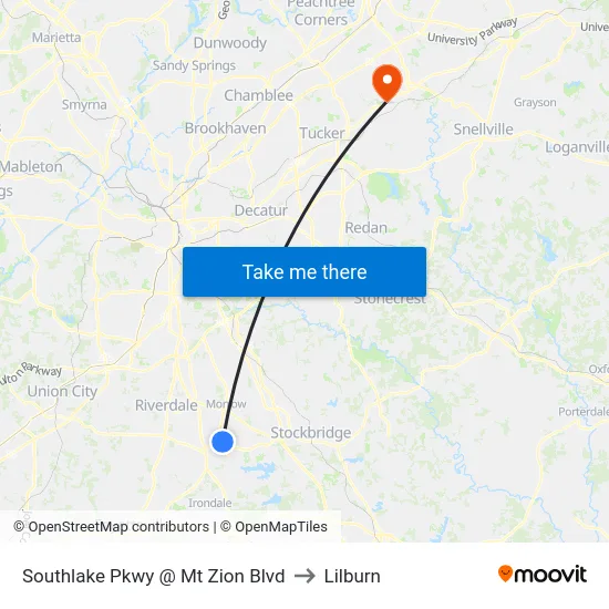 Southlake Pkwy @ Mt Zion Blvd to Lilburn map