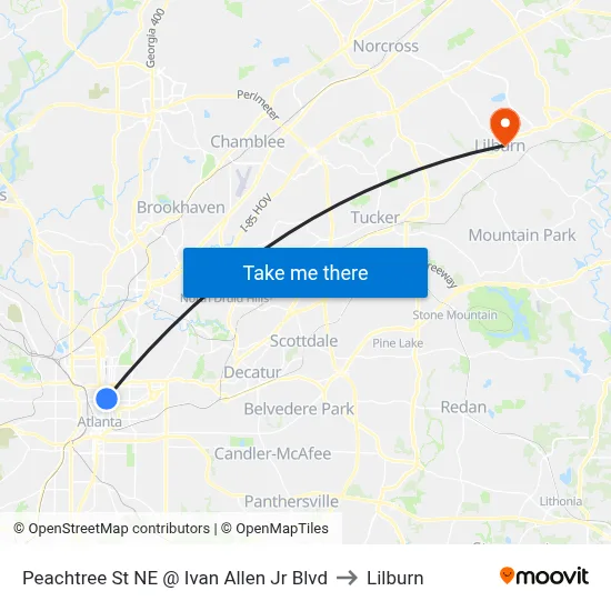Peachtree St NE @ Ivan Allen Jr Blvd to Lilburn map