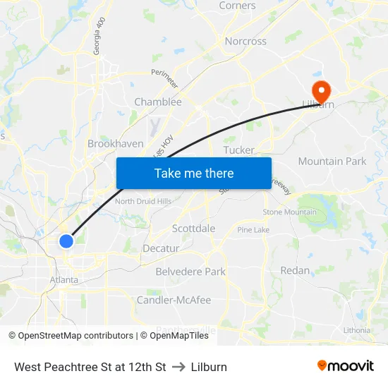 West Peachtree St at 12th St to Lilburn map