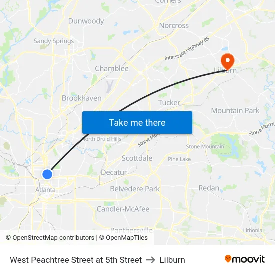 West Peachtree Street at 5th Street to Lilburn map