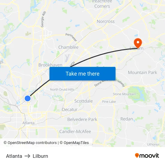 Atlanta to Lilburn map