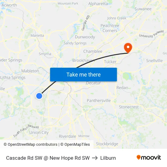 Cascade Rd SW @ New Hope Rd SW to Lilburn map