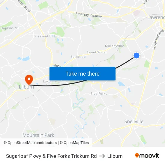 Sugarloaf Pkwy & Five Forks Trickum Rd to Lilburn map