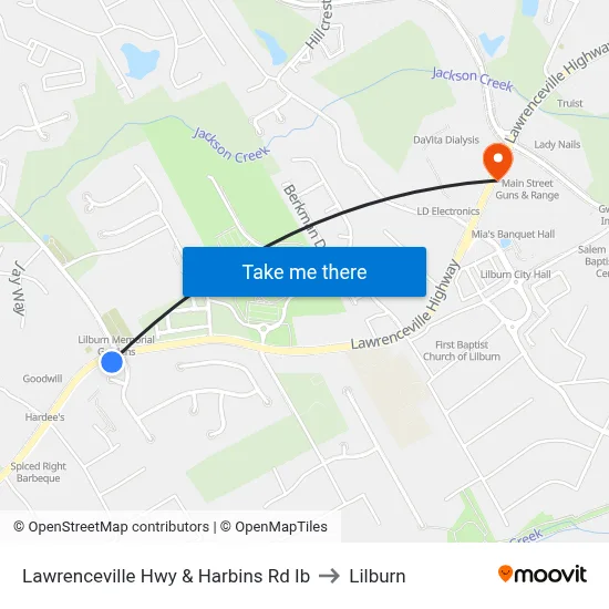 Lawrenceville Hwy & Harbins Rd Ib to Lilburn map