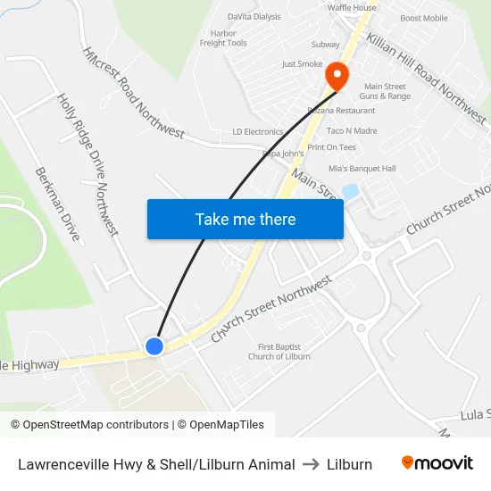 Lawrenceville Hwy & Shell/Lilburn Animal to Lilburn map