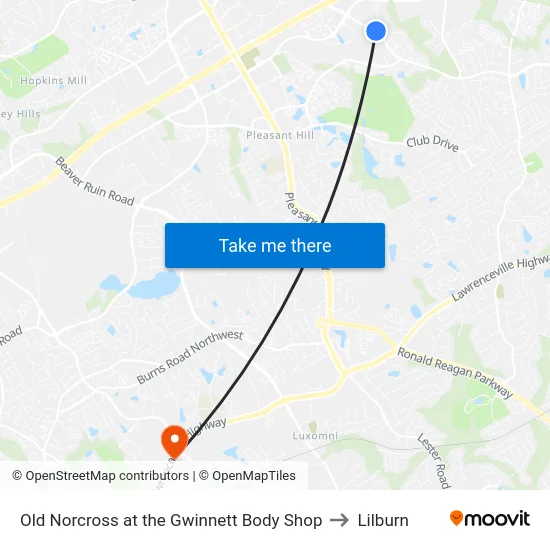 Old Norcross at the Gwinnett Body Shop to Lilburn map