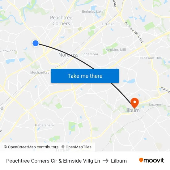 Peachtree Corners Cir & Elmside Villg Ln to Lilburn map