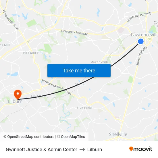 Gwinnett Justice & Admin Center to Lilburn map