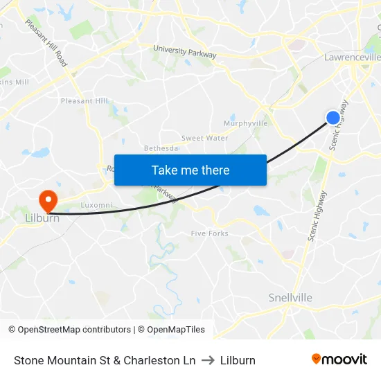 Stone Mountain St & Charleston Ln to Lilburn map