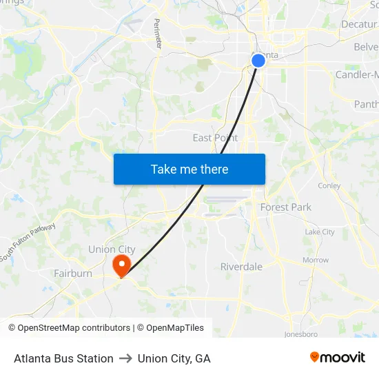 Atlanta Bus Station to Union City, GA map