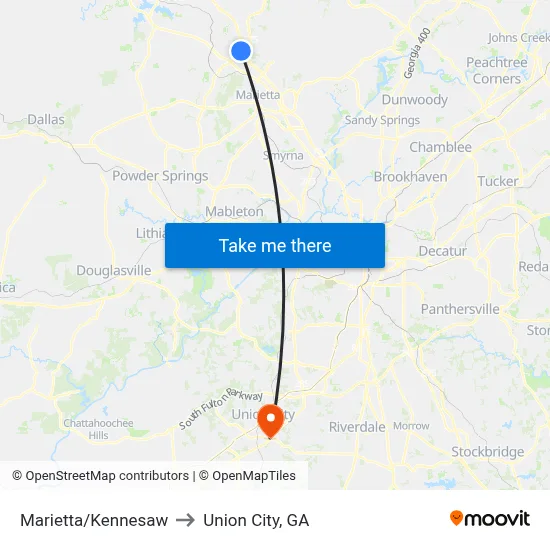 Marietta/Kennesaw to Union City, GA map
