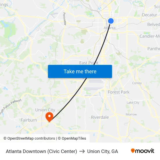 Atlanta Downtown (Civic Center) to Union City, GA map