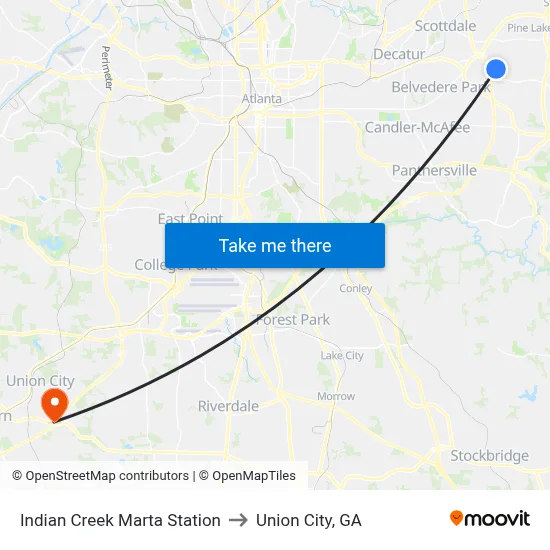 Indian Creek Marta Station to Union City, GA map