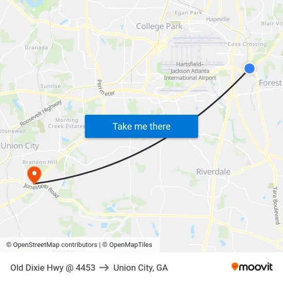 Old Dixie Hwy @ 4453 to Union City, GA map