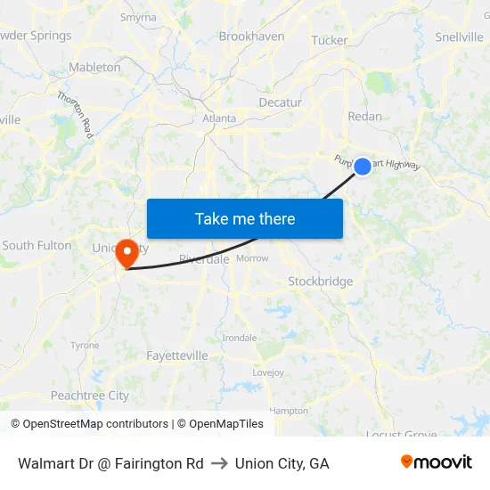 Walmart Dr @ Fairington Rd to Union City, GA map