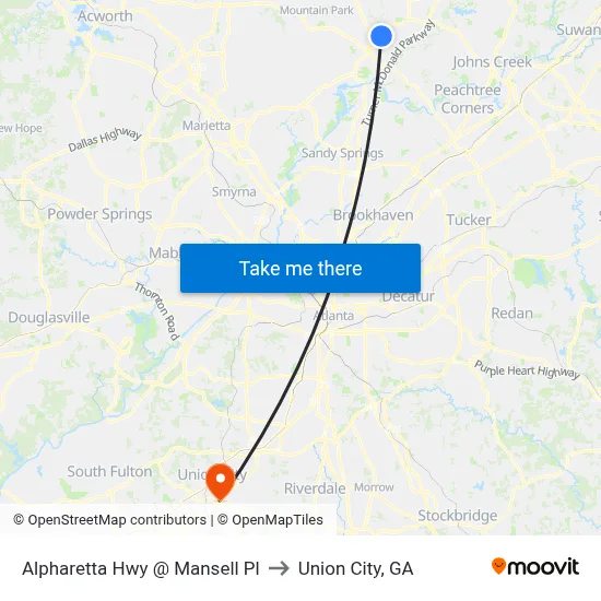 Alpharetta Hwy @ Mansell Pl to Union City, GA map