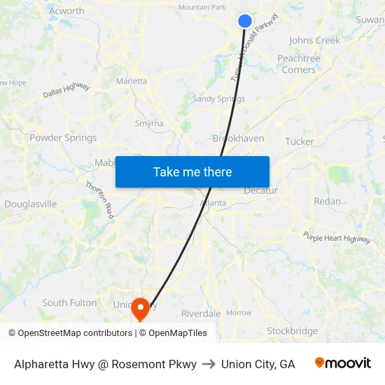Alpharetta Hwy @ Rosemont Pkwy to Union City, GA map