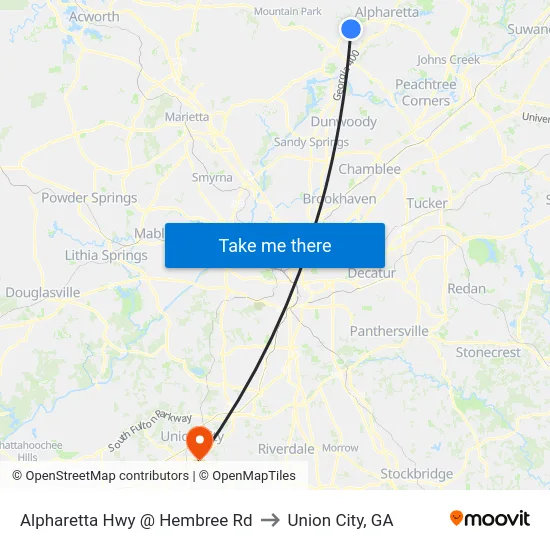 Alpharetta Hwy @ Hembree Rd to Union City, GA map
