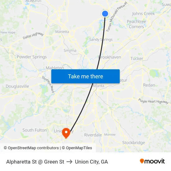 Alpharetta St @ Green St to Union City, GA map