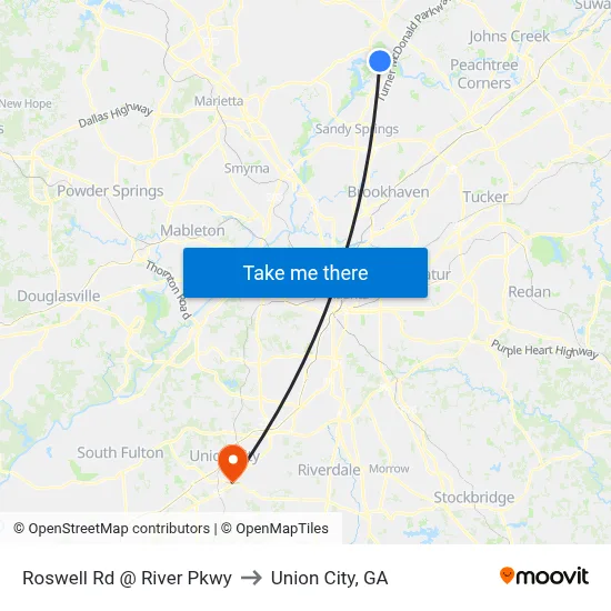 Roswell Rd @ River Pkwy to Union City, GA map
