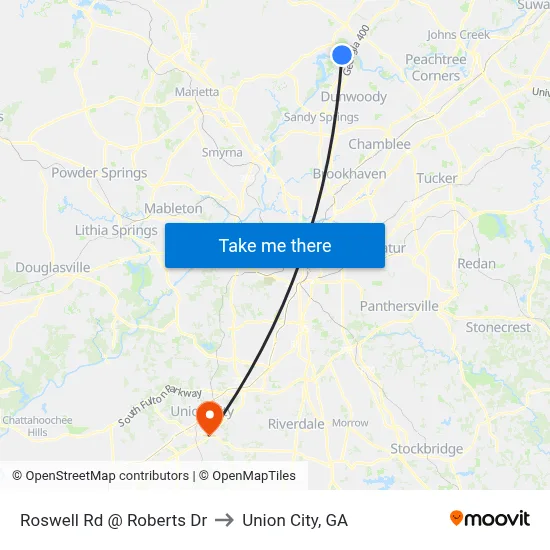 Roswell Rd @ Roberts Dr to Union City, GA map