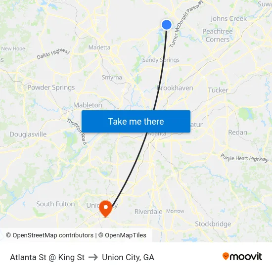 Atlanta St @ King St to Union City, GA map