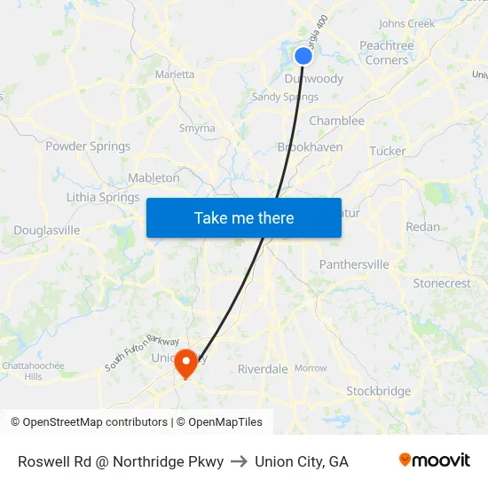 Roswell Rd @ Northridge Pkwy to Union City, GA map
