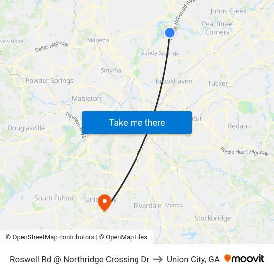 Roswell Rd @ Northridge Crossing Dr to Union City, GA map