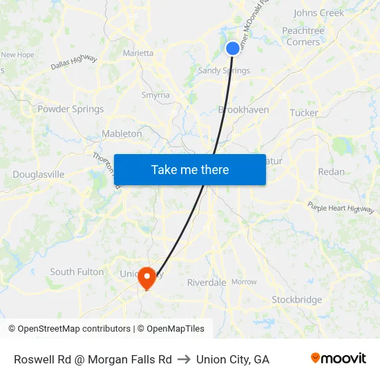 Roswell Rd @ Morgan Falls Rd to Union City, GA map