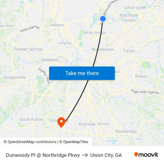 Dunwoody Pl @ Northridge Pkwy to Union City, GA map