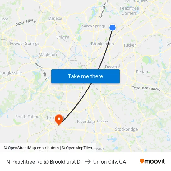 N Peachtree Rd @ Brookhurst Dr to Union City, GA map