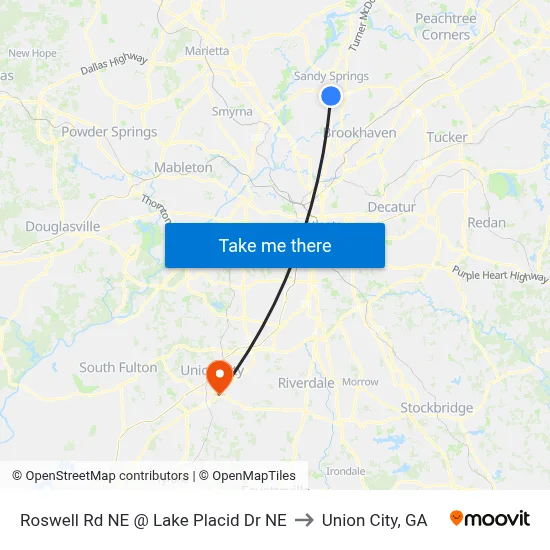 Roswell Rd NE @ Lake Placid Dr NE to Union City, GA map