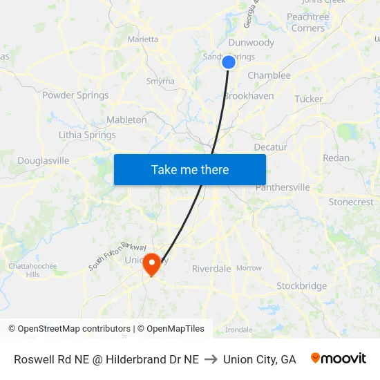 Roswell Rd NE @ Hilderbrand Dr NE to Union City, GA map