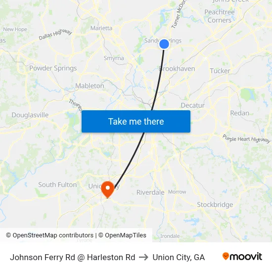 Johnson Ferry Rd @ Harleston Rd to Union City, GA map