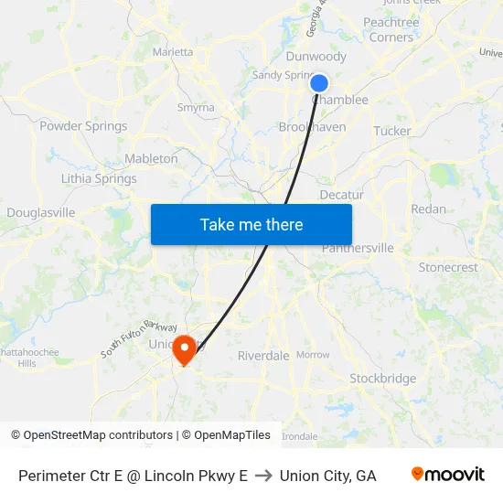 Perimeter Ctr E @ Lincoln Pkwy E to Union City, GA map