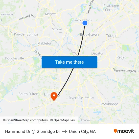 Hammond Dr @ Glenridge Dr to Union City, GA map