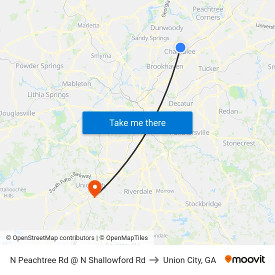 N Peachtree Rd @ N Shallowford Rd to Union City, GA map