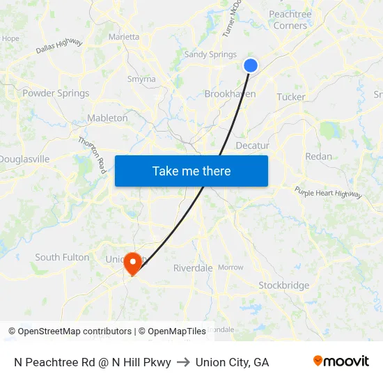 N Peachtree Rd @ N Hill Pkwy to Union City, GA map