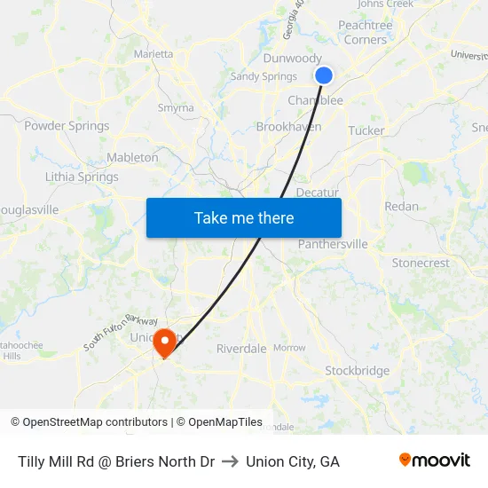 Tilly Mill Rd @ Briers North Dr to Union City, GA map