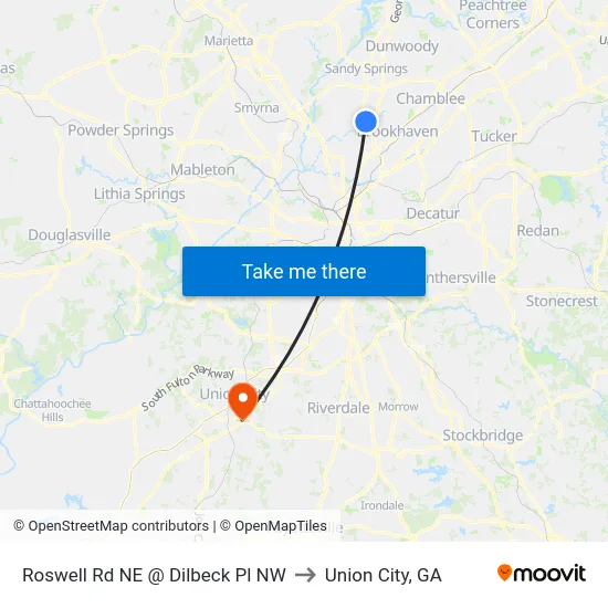 Roswell Rd NE @ Dilbeck Pl NW to Union City, GA map