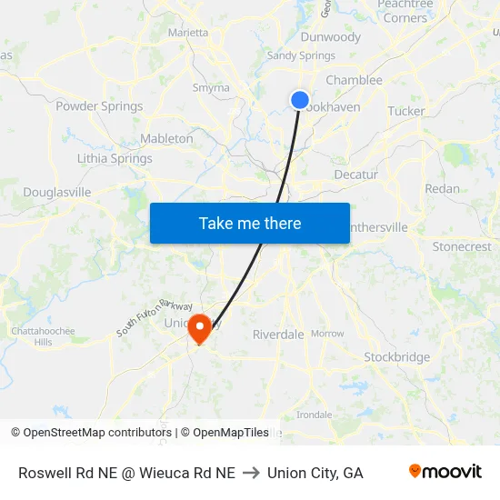 Roswell Rd NE @ Wieuca Rd NE to Union City, GA map