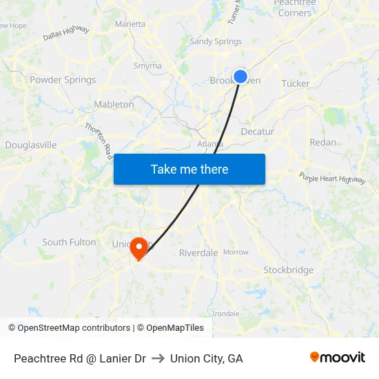 Peachtree Rd @ Lanier Dr to Union City, GA map