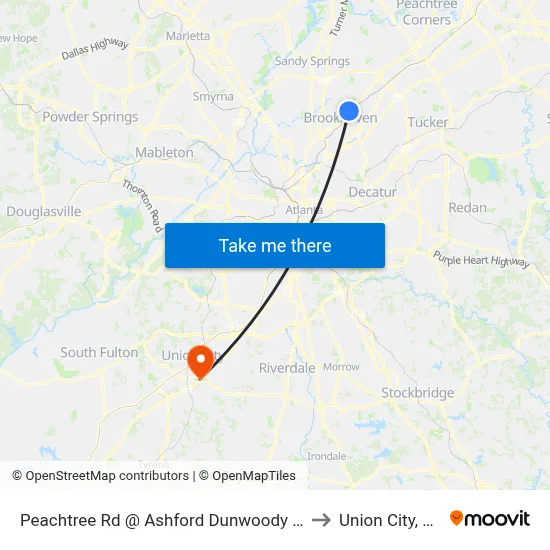 Peachtree Rd @ Ashford Dunwoody Rd to Union City, GA map